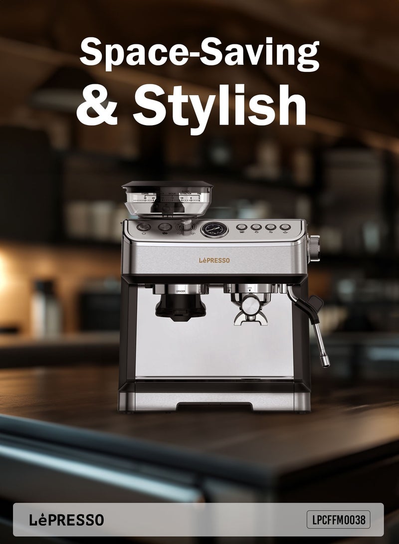 ليبرسو ماكينة قهوة إسبريسو مزدوجة الغلاية مع مطحنة مخروطية قابلة للتعديل وبخار 20 بار/ماكينة قهوة مع خافق حليب/إيقاف تلقائي/موزع مياه ساخنة/سعة خزان مياه - فضي - Image 3