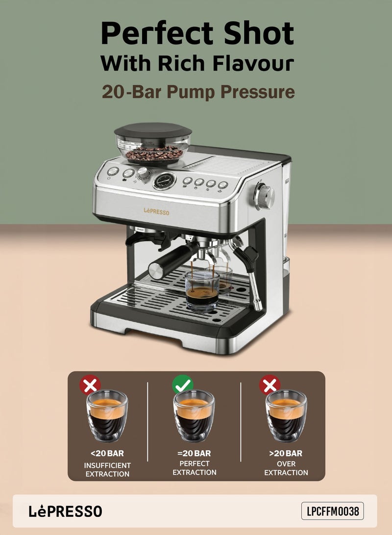 ليبرسو ماكينة قهوة إسبريسو مزدوجة الغلاية مع مطحنة مخروطية قابلة للتعديل وبخار 20 بار/ماكينة قهوة مع خافق حليب/إيقاف تلقائي/موزع مياه ساخنة/سعة خزان مياه - فضي - Image 5