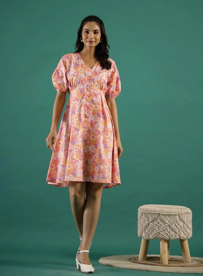 sanskrutihomes sanskrutihomes Floral Print Puff Sleeves Cotton A-Line Knee-Length Dress
