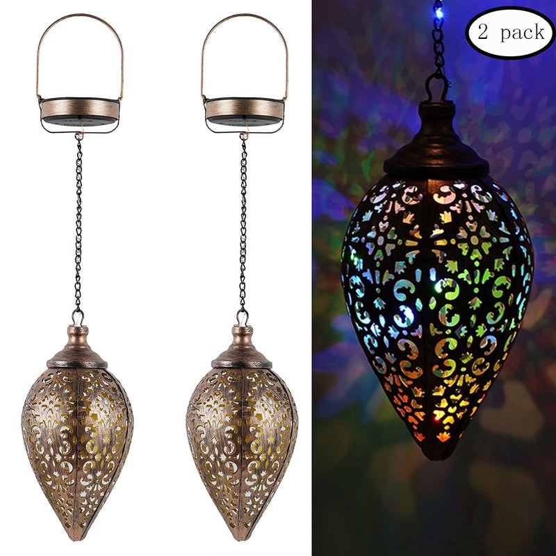 DUSVALLY Outdoor Solar Lantern Solar Lights Outdoor Colorful LED Lanterns Powered Waterproof Garden Lanterns Retro Metal Lights with Handle for Garden Patio Yard Decor,2 Pack Brown - Image 5