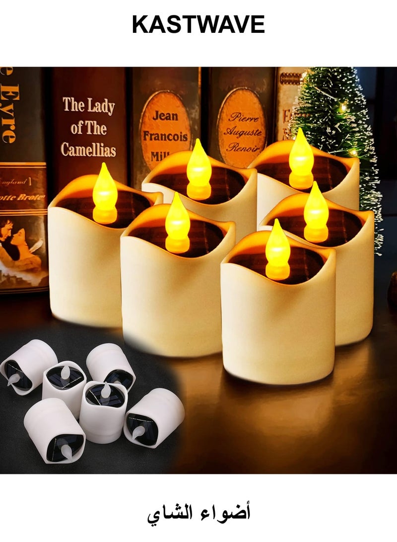 KASTWAVE Solar LED Tealight Candle, 6 PCS Flameless Tea Lights Candles with Soft Flickering, Waterproof Rechargeable Lamp, for Outdoor Wedding Party Birthday Home Decor, Warm White Light - Image 1