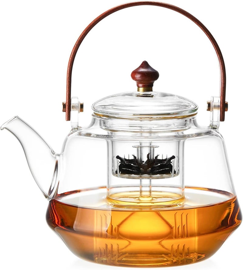 DOPUDO 40oz Glass Teapot with Anti-Drip Spout, Peach Wood Handle and Lid, Heat-Resistant Borosilicate Glass, Dual Infusers for Steaming and Boiling - Image 1