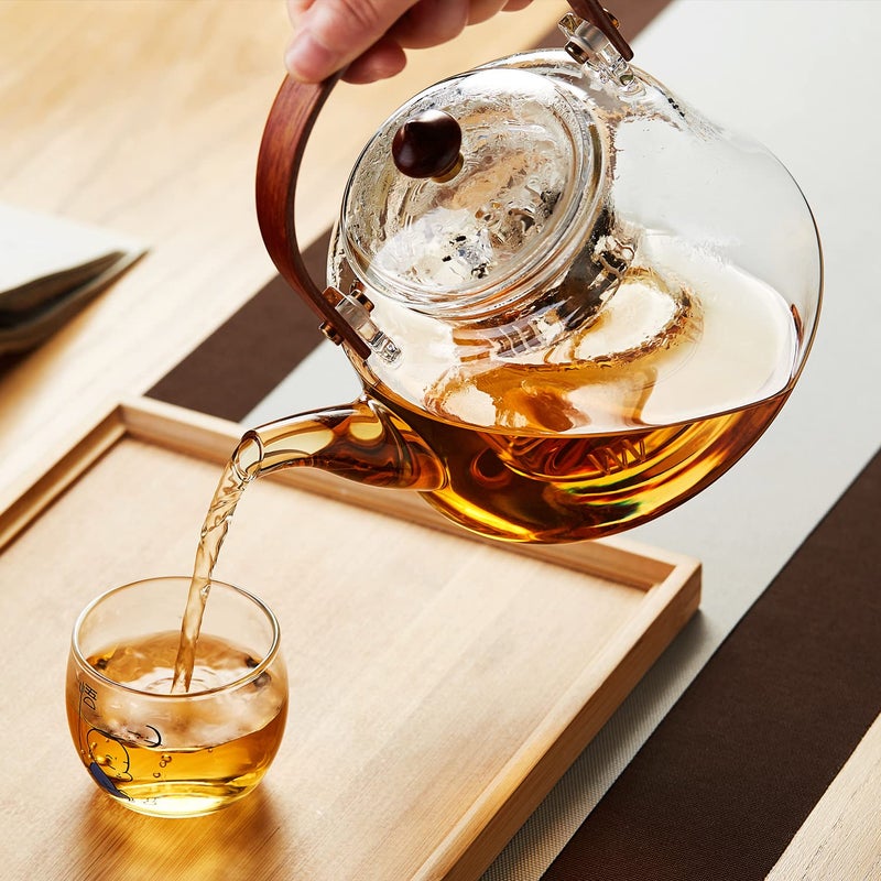 DOPUDO 40oz Glass Teapot with Anti-Drip Spout, Peach Wood Handle and Lid, Heat-Resistant Borosilicate Glass, Dual Infusers for Steaming and Boiling - Image 5