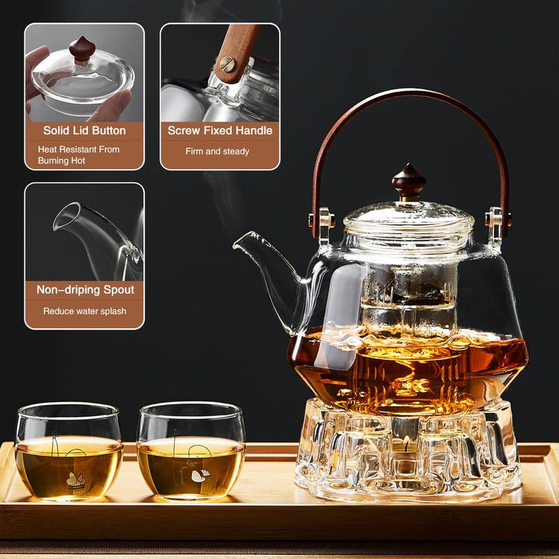 DOPUDO 40oz Glass Teapot with Anti-Drip Spout, Peach Wood Handle and Lid, Heat-Resistant Borosilicate Glass, Dual Infusers for Steaming and Boiling - Image 2
