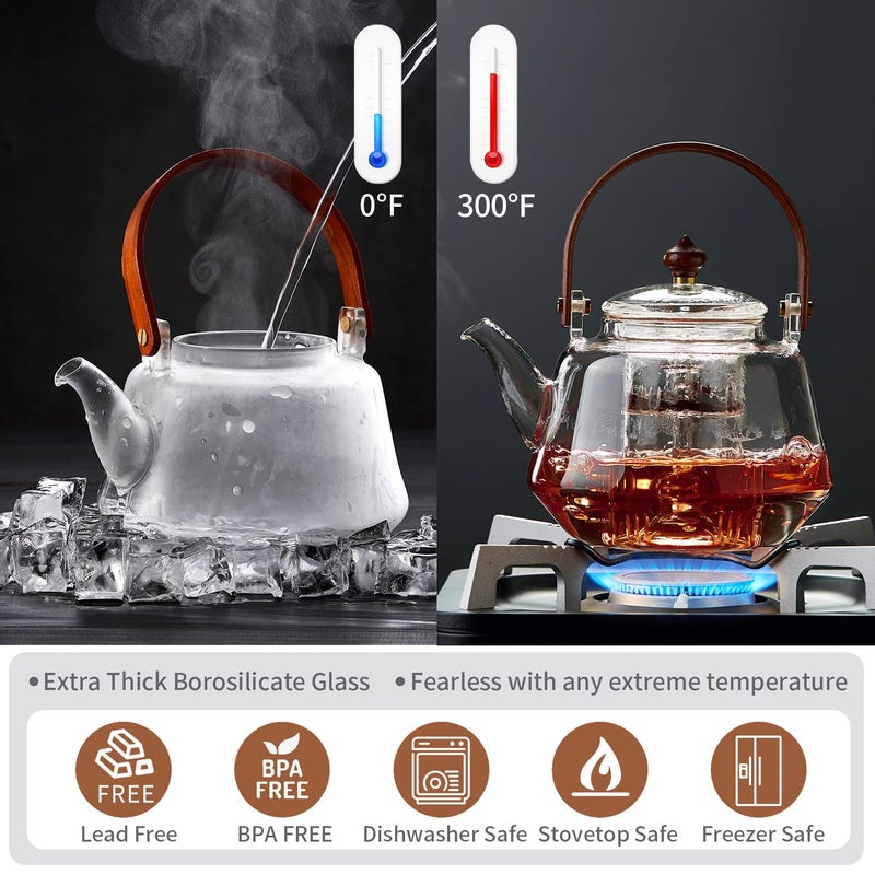 DOPUDO 40oz Glass Teapot with Anti-Drip Spout, Peach Wood Handle and Lid, Heat-Resistant Borosilicate Glass, Dual Infusers for Steaming and Boiling - Image 3