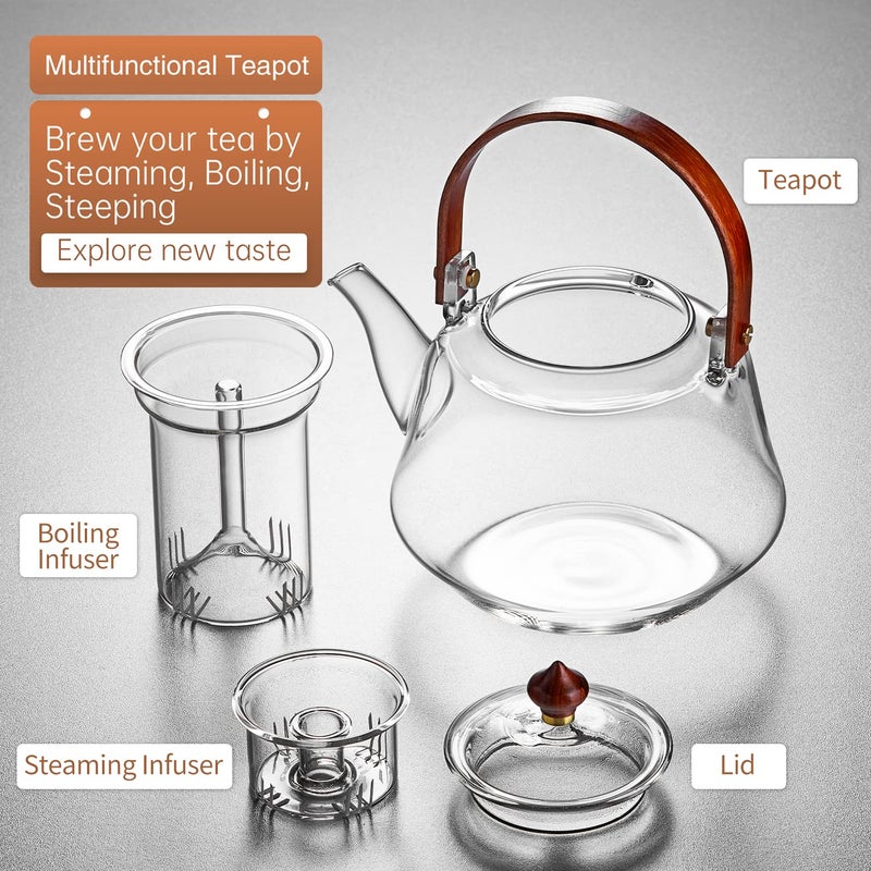 DOPUDO 40oz Glass Teapot with Anti-Drip Spout, Peach Wood Handle and Lid, Heat-Resistant Borosilicate Glass, Dual Infusers for Steaming and Boiling - Image 4