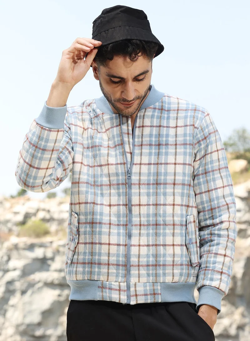 Campus Sutra Men's Icy Blue & Brown Tartan Plaid Bomber Jacket