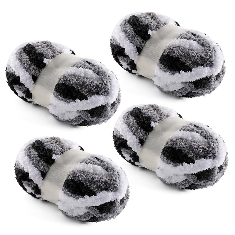 NDICANG 4 Pack Chunky Yarn for Hand Knitting - Chunky Chenille Blanket Yarn for Crocheting - Jumbo Fluffy Yarn for Crochet - Super Bulky Yarn 28.4 yds 7.7 oz Each Skein (Black White Gray) - Image 1