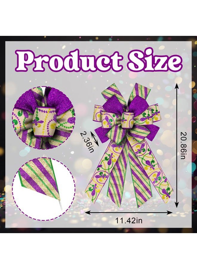 Glodecart Large Mardi Gras Bow for Wreath, Purple Stripe Glitter Mardi Gras Wreath Bow Carnival Festival Bow for Front Door Indoor Outdoor Mardi Gras Tree Topper Decoration Supplies Hanging Ornament - Image 2