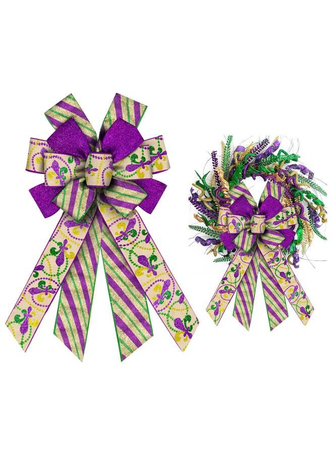 Glodecart Large Mardi Gras Bow for Wreath, Purple Stripe Glitter Mardi Gras Wreath Bow Carnival Festival Bow for Front Door Indoor Outdoor Mardi Gras Tree Topper Decoration Supplies Hanging Ornament - Image 1
