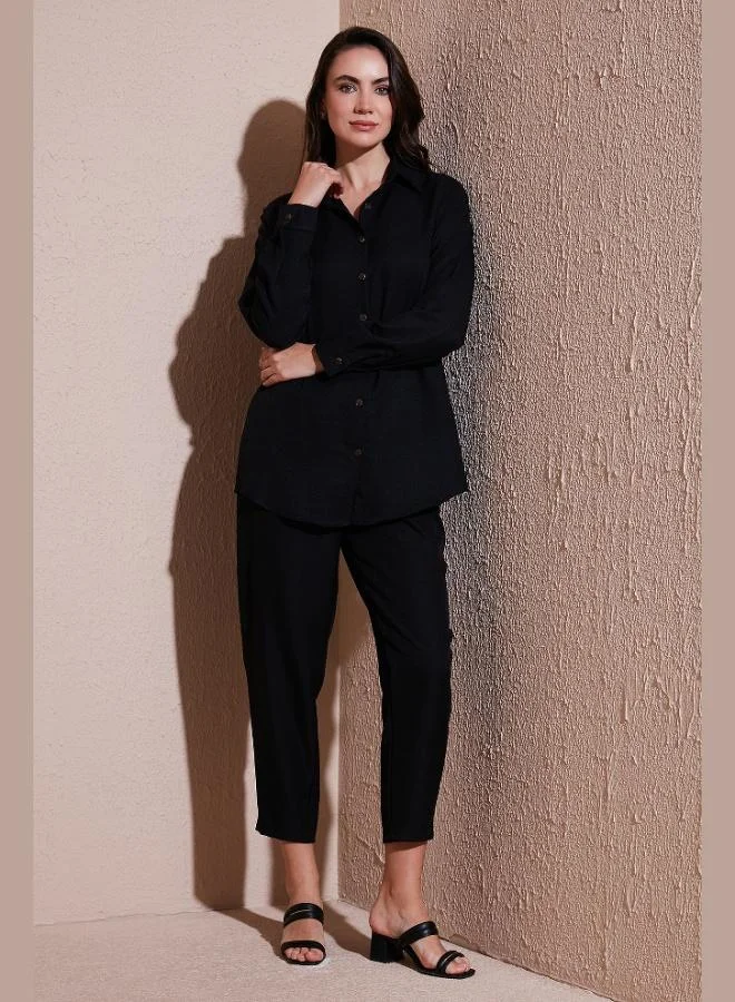 ليلا طقم ليلا من الكتان بلوزة وبنطلون بقصة عادية وخصر مطاطي وأكمام طويلة للنساء