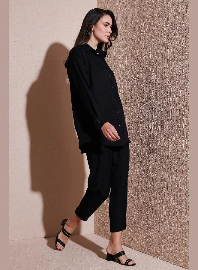 ليلا طقم ليلا من الكتان بلوزة وبنطلون بقصة عادية وخصر مطاطي وأكمام طويلة للنساء