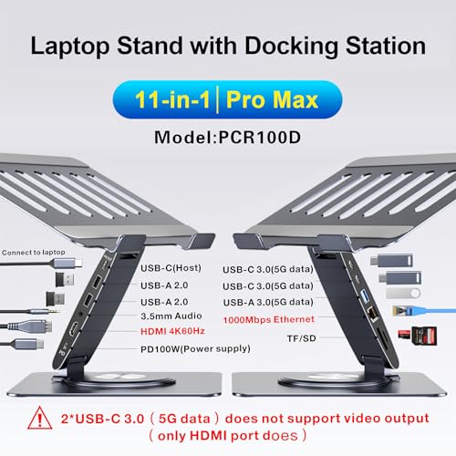 HC Laptop Docking Station for MacBook Pro/Air/Dell/HP/Surface HC 11-in-1 USB C Hub 360°Rotatable Laptop Stand with USB Hub 4K HDMI USB 3.0 PD100W 3.5mm Audio Jack RJ 45 TF/SD Reader Universal Laptop Dock - Image 2