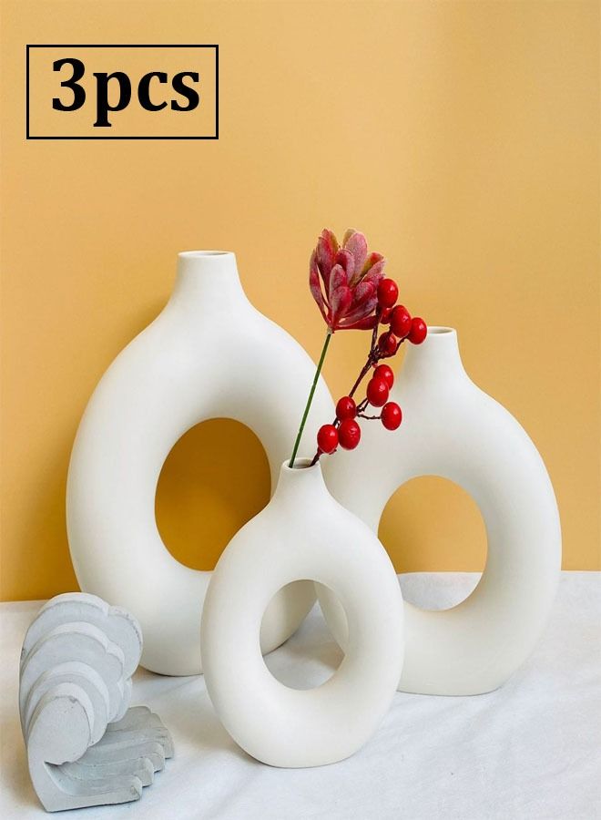 fashionhome 3-Pieces Modern Design Nordic Minimalism Donut Circle Ceramic Vase for Home Decoration - Image 1