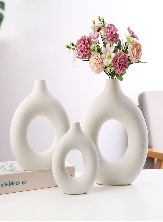 fashionhome 3-Pieces Modern Design Nordic Minimalism Donut Circle Ceramic Vase for Home Decoration - Image 2