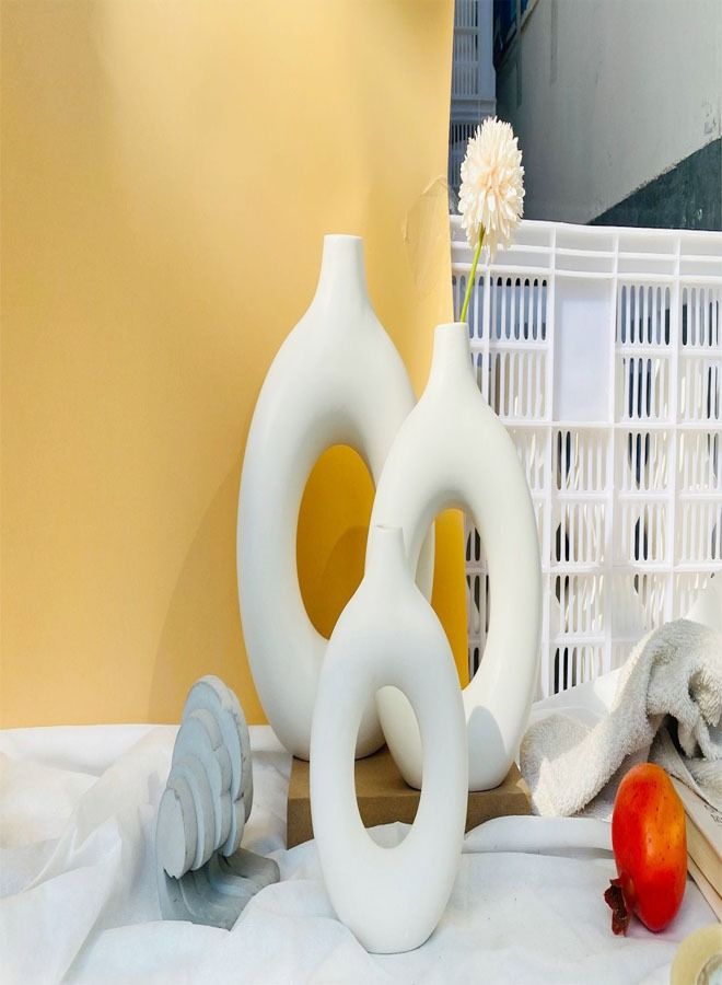 fashionhome 3-Pieces Modern Design Nordic Minimalism Donut Circle Ceramic Vase for Home Decoration - Image 3