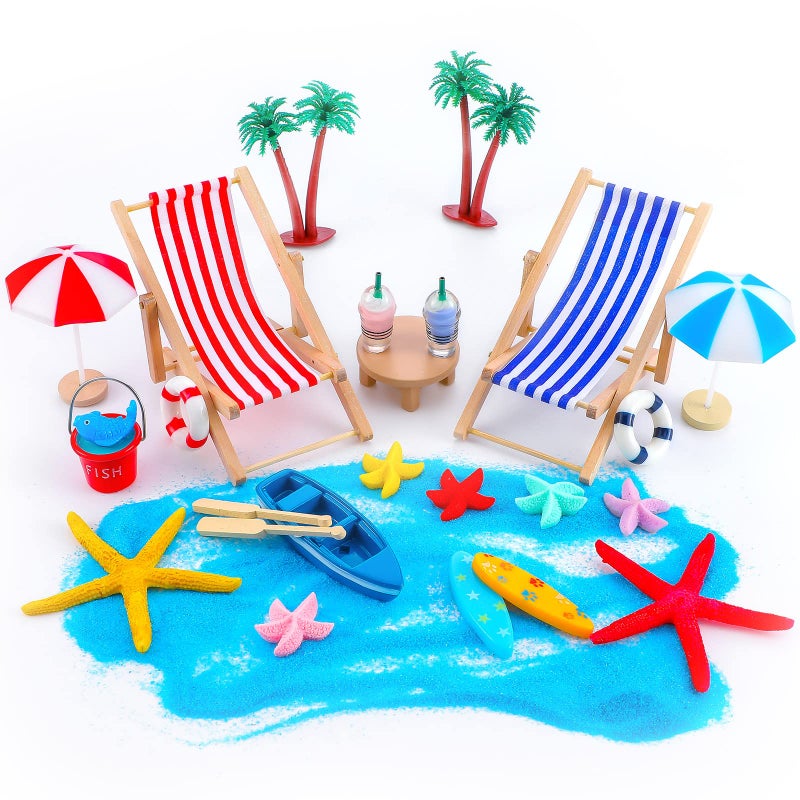 Minatee 25 Pcs Beach Miniature Dollhouse Decoration, Umbrella Palm Chair Miniature Toys Garden Dollhouse Outdoor Accessories Beach Decorations for DIY Garden Plant Pool(Red, Blue) - Image 1