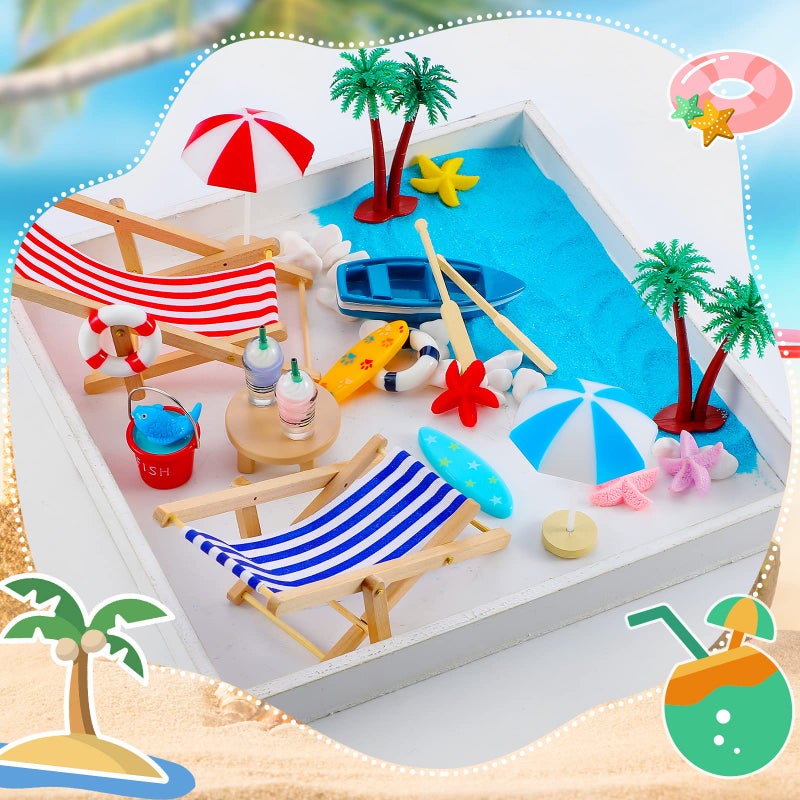 Minatee 25 Pcs Beach Miniature Dollhouse Decoration, Umbrella Palm Chair Miniature Toys Garden Dollhouse Outdoor Accessories Beach Decorations for DIY Garden Plant Pool(Red, Blue) - Image 3