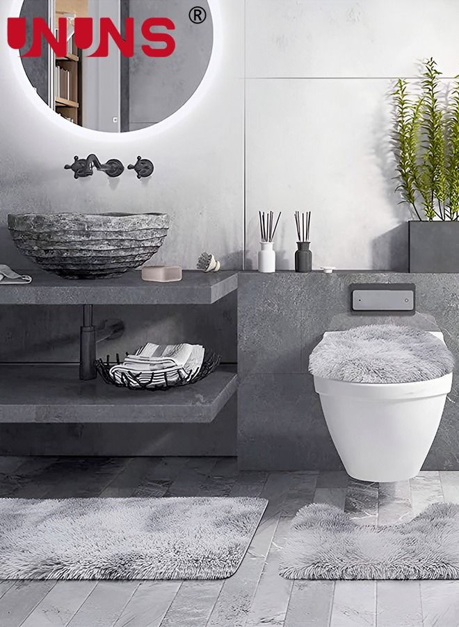 UNUNS 3-Piece Bathroom Rug Set,Bath Rug + Contour Mat + Toilet Seat Cover,Super Long Soft Water Absorbent,Non-Slip Bath Mats For Bathroom Floor,Tub And Shower Room - Image 1