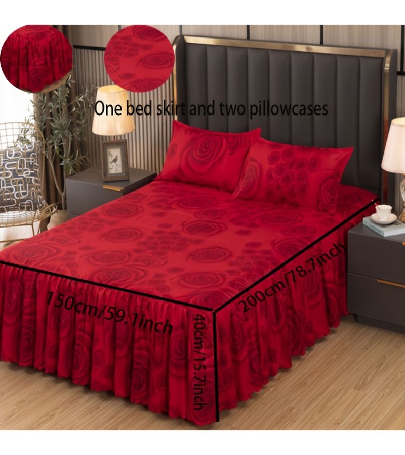 3pcs Bed Skirt Set With Red Rose Print One Bed Skirt And Two Pillowcases Skin Friendly Ruffled Edges Ultra Soft Anti Slip Protective Cover Suitable For All Seasons Bedroom Guest Room Bedding 59 06 By 78 74 Inches - Image 1