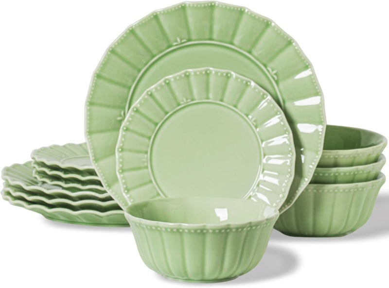 HOMBENE DINNERWARE NOT ONLY FOR DINNER 12 Piece plates and bowls sets for 4 Dinnerware set Porcelain Dish Set House gift Microwave and Dishwasher Safe Mint Glow Green - Image 1