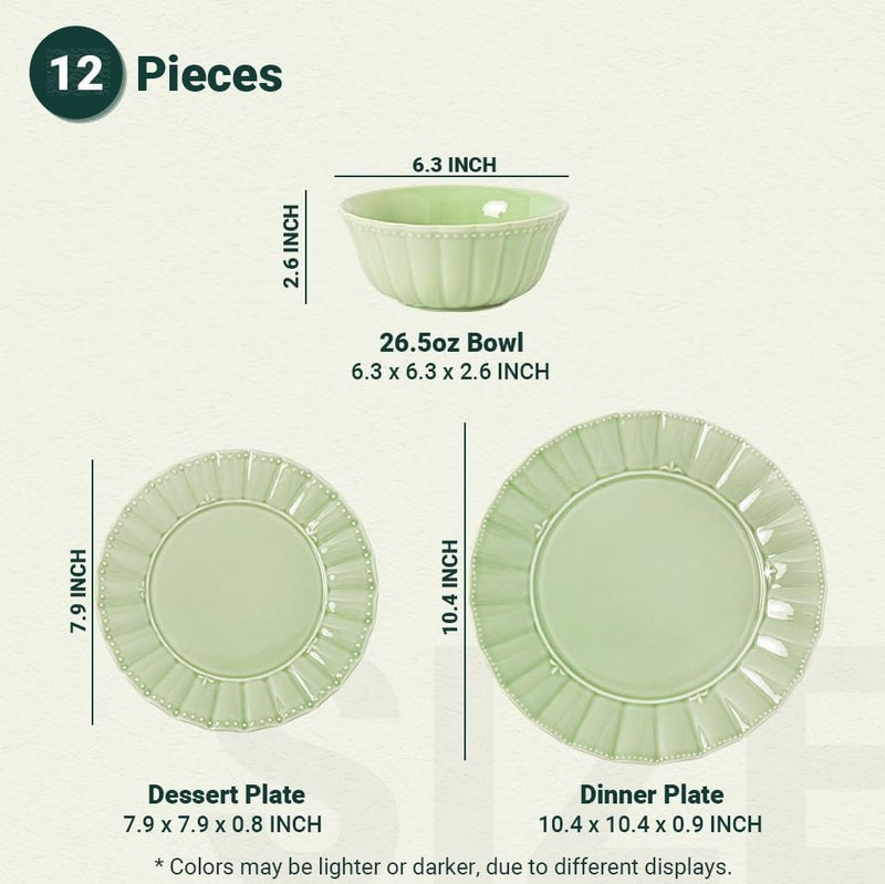 HOMBENE DINNERWARE NOT ONLY FOR DINNER 12 Piece plates and bowls sets for 4 Dinnerware set Porcelain Dish Set House gift Microwave and Dishwasher Safe Mint Glow Green - Image 2