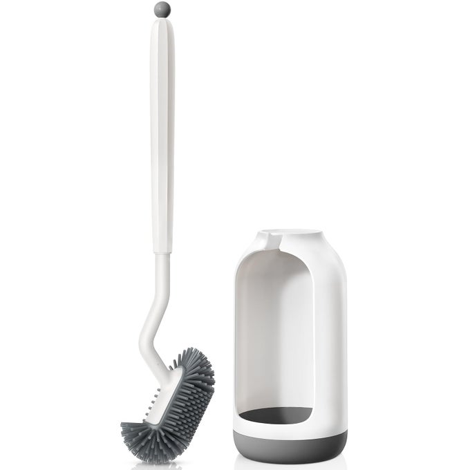 TOILET BOWL BRUSH HOLDER SET DEEP CLEANING SILICONE TOILET CLEANER SCRUBBER UNDER RIM WITH CURVED BRISTLE FOR BATHROOM DEAD CORNER CLEAN MODERN RV TOILET DECORATIVE ACCESSORIES WHITE