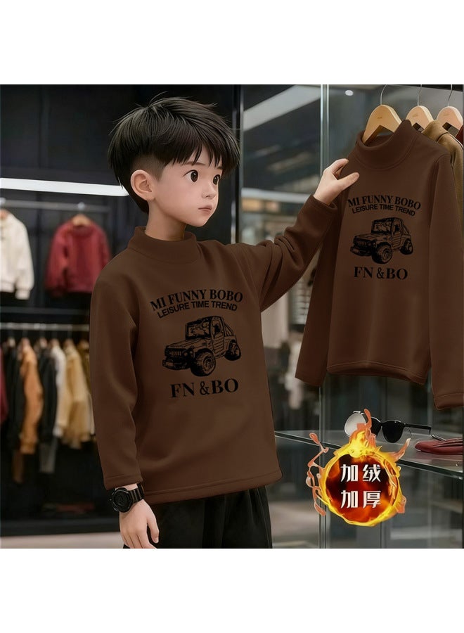 Boys And Girls' Thick Half High Neck Velvet Bottom Shirt, Autumn And Winter New Warm Baby Long Sleeve T-shirt - Image 1