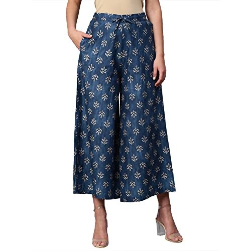 RATAN Women's Cotton Printed Loose Fit Mid Rise Flared Wide Leg Palazzo Pants (CFP-Navy Blue-3X-Large) - Image 1