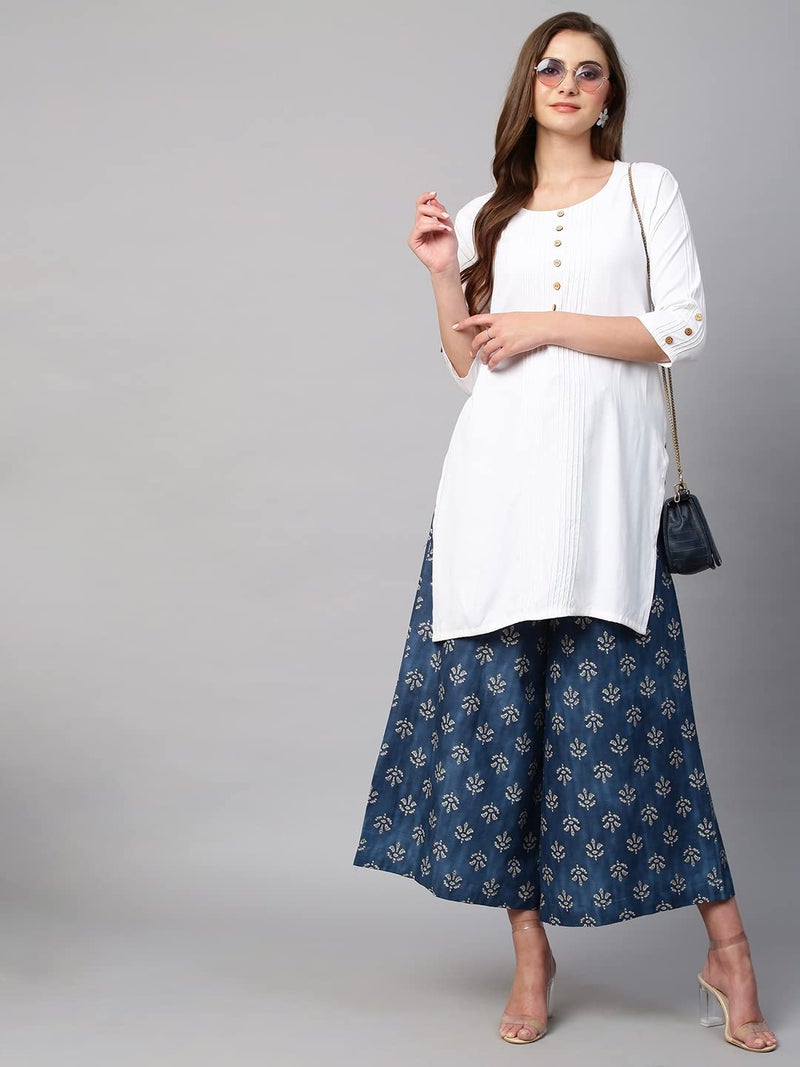 RATAN Women's Cotton Printed Loose Fit Mid Rise Flared Wide Leg Palazzo Pants (CFP-Navy Blue-3X-Large) - Image 2