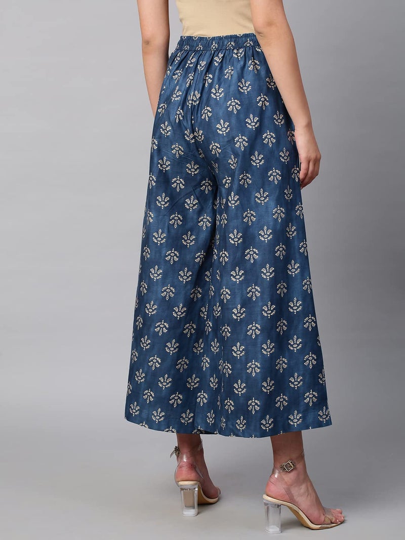 RATAN Women's Cotton Printed Loose Fit Mid Rise Flared Wide Leg Palazzo Pants (CFP-Navy Blue-3X-Large) - Image 4