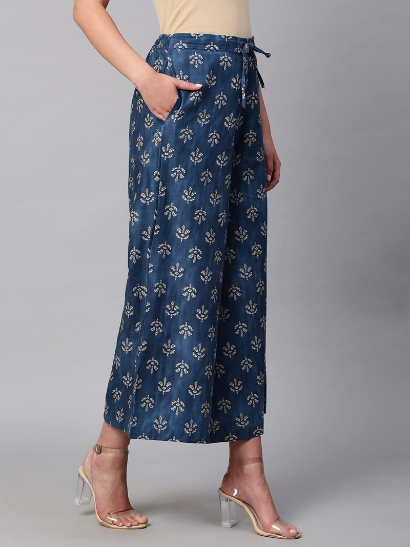 RATAN Women's Cotton Printed Loose Fit Mid Rise Flared Wide Leg Palazzo Pants (CFP-Navy Blue-3X-Large) - Image 3