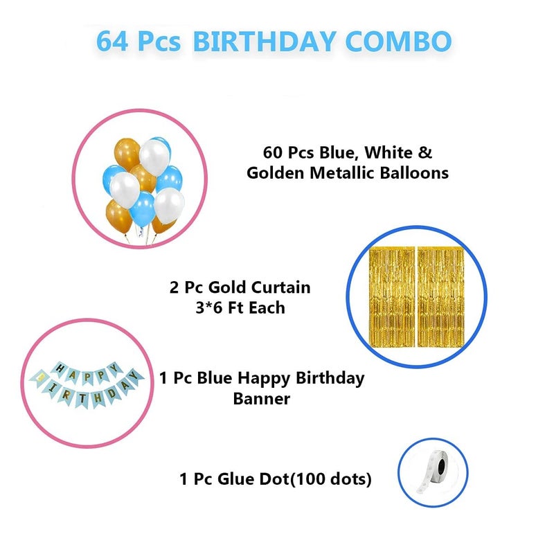 Krido 64 Pcs Birthday Set Blue White & Golden Birthday Balloons Combo Set For Boys, Kids, Husband Birthday Decoration Items(Blue White) - Image 2