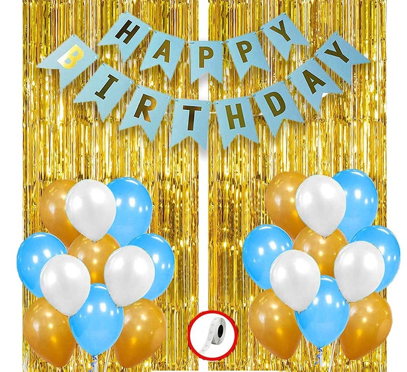 Krido 64 Pcs Birthday Set Blue White & Golden Birthday Balloons Combo Set For Boys, Kids, Husband Birthday Decoration Items(Blue White) - Image 1