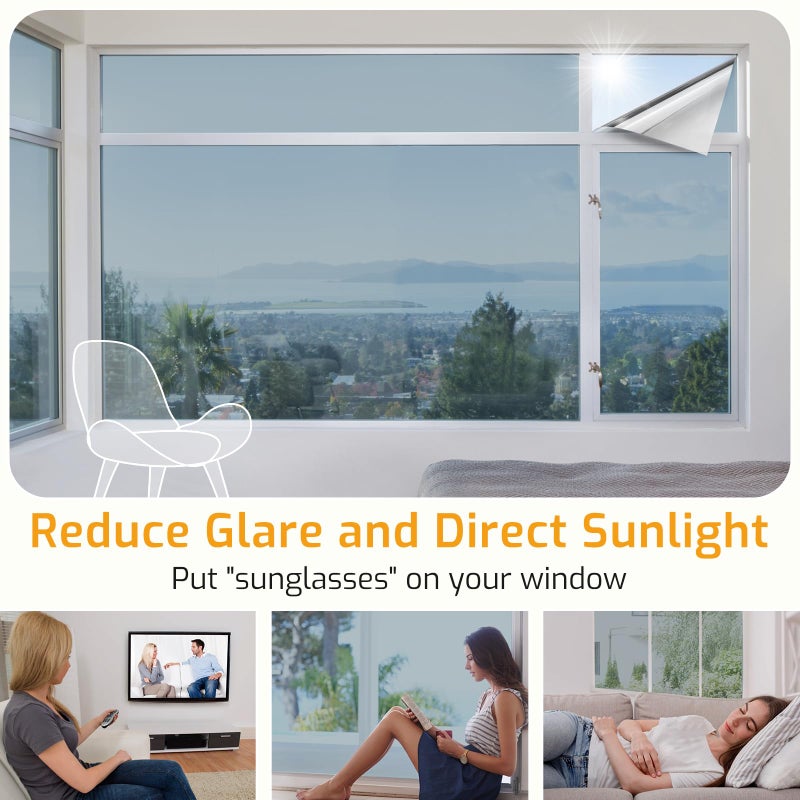 LUTE One Way Window Privacy Film, Window Tint for Home, Sun Blocking UV Heat Blocker, See Out Not in Reflective Mirror Film, Removable Static Cling Glass Door Coverings, Silver, 17.5" x 78.7" - Image 5