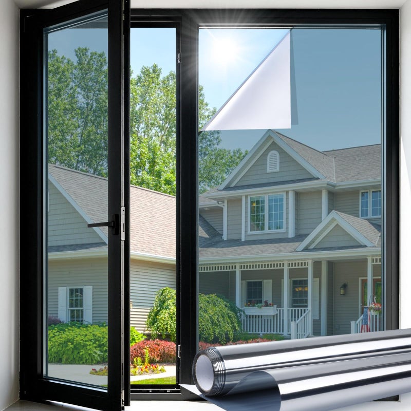 LUTE One Way Window Privacy Film, Window Tint for Home, Sun Blocking UV Heat Blocker, See Out Not in Reflective Mirror Film, Removable Static Cling Glass Door Coverings, Silver, 17.5" x 78.7" - Image 1