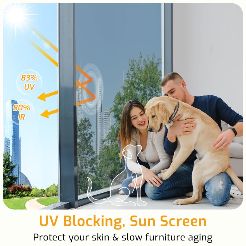 LUTE One Way Window Privacy Film, Window Tint for Home, Sun Blocking UV Heat Blocker, See Out Not in Reflective Mirror Film, Removable Static Cling Glass Door Coverings, Silver, 17.5" x 78.7" - Image 2