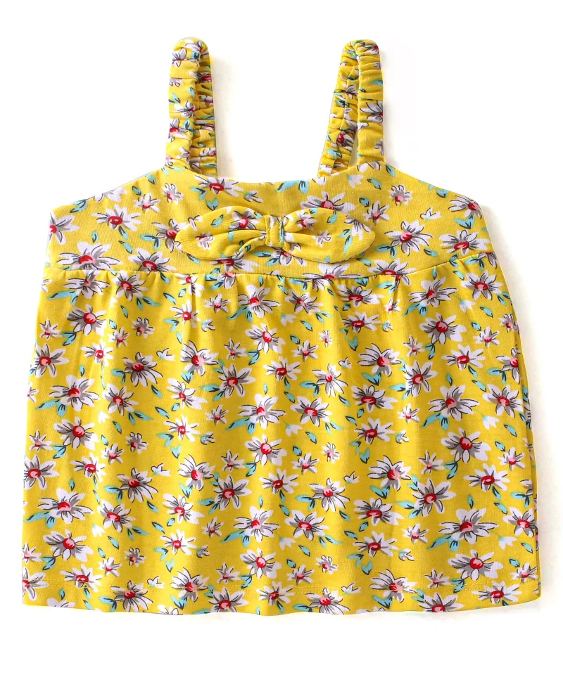 babyhug Babyhug 100% Cotton Knit Sleeveless Top with Floral Print - Yellow