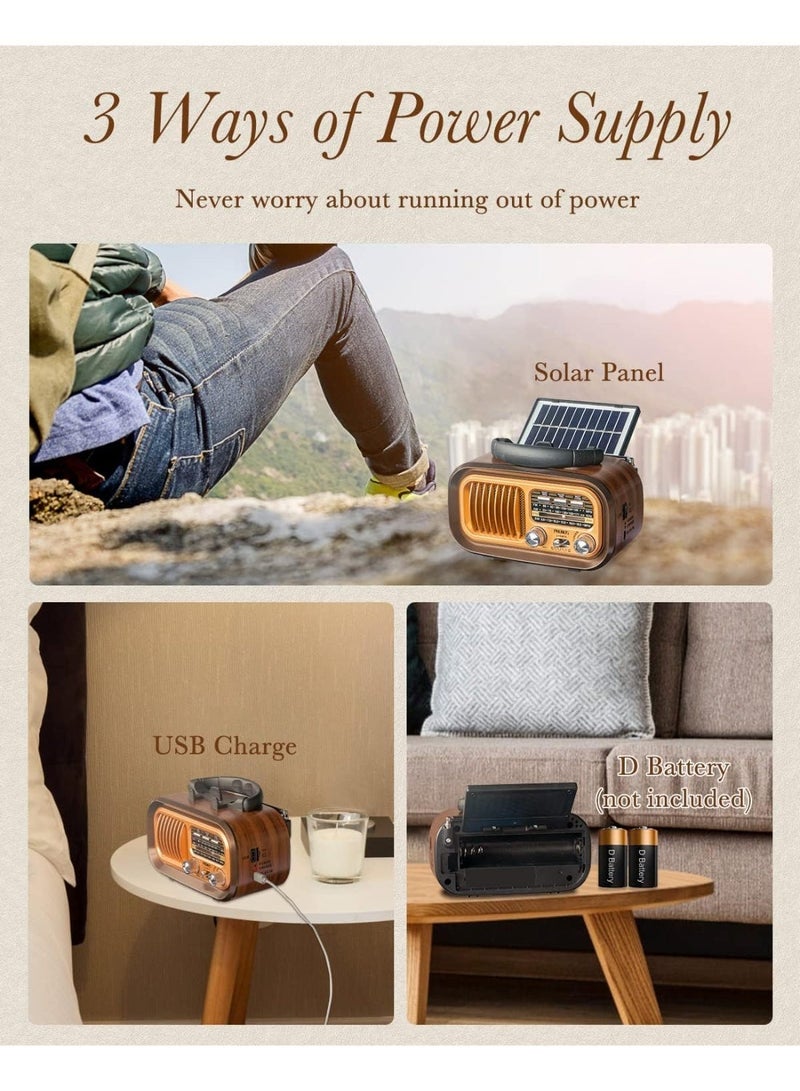 اكسيسن راديو محمول AM FM SW مكبر صوت بلوتوث، يعمل بالطاقة الشمسية/البطارية/شحن USB، يدعم TWS/بطاقة TF/تشغيل USB، راديو صغير رجعي يعمل بالبطارية والطاقة الشمسية للاستخدام في الهواء الطلق - Image 2