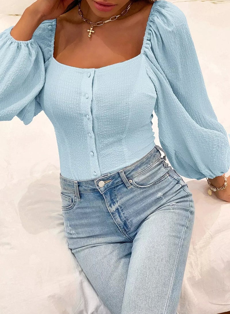 Square Neck Button Front Bishop Sleeve Blouse  - Image 4