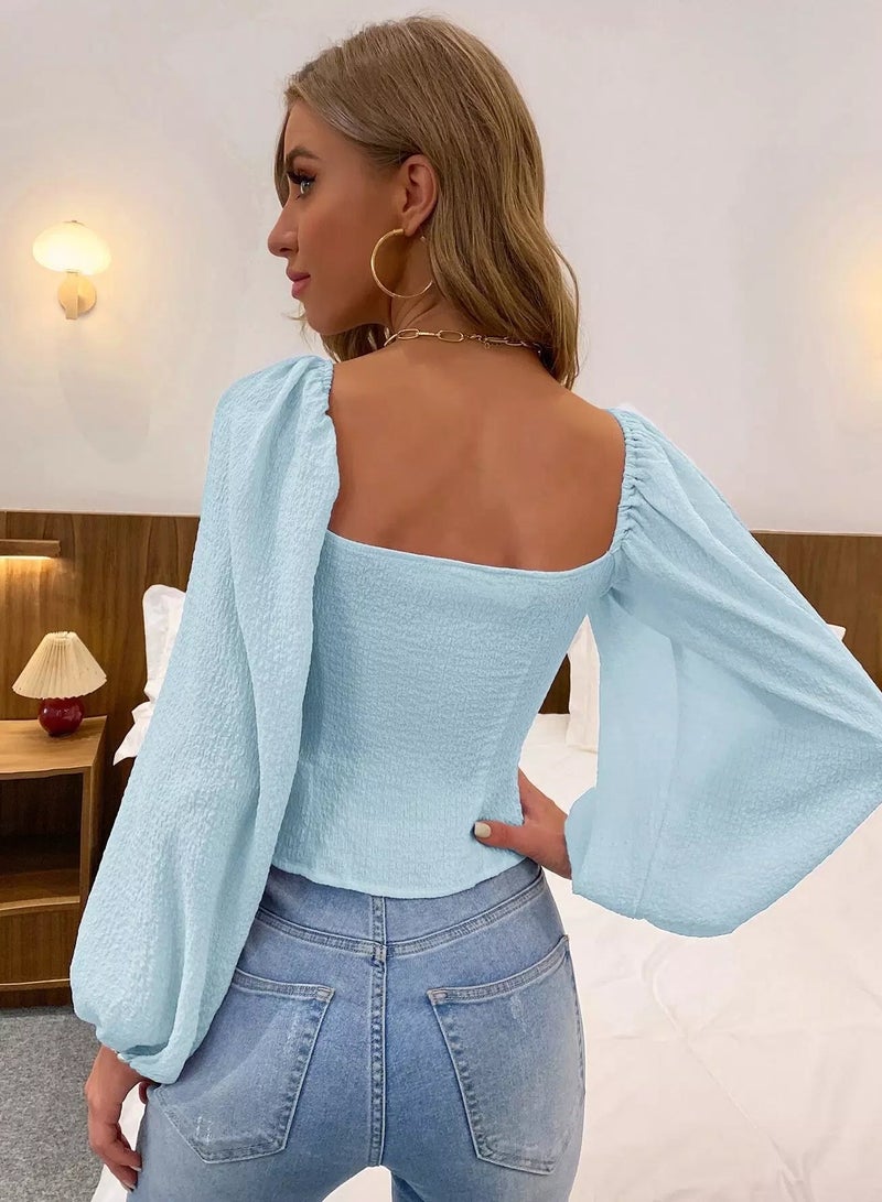 Square Neck Button Front Bishop Sleeve Blouse  - Image 2