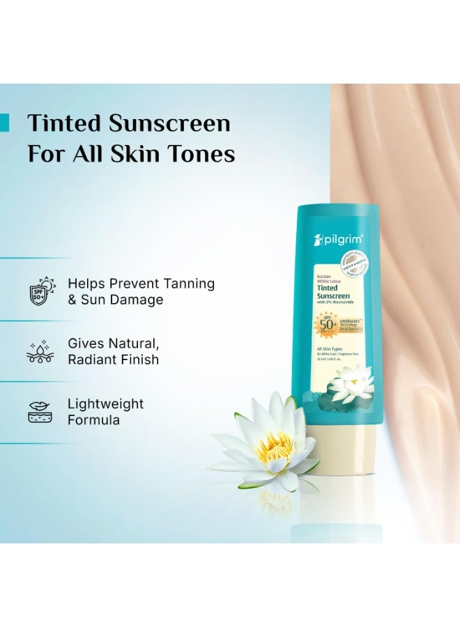 PILGRIM Korean White Lotus Tinted Sunscreen SPF 50+ PA++++ with 3% Niacinamide | No White Cast |Prevents Tanning | Lightweight | For All Skin Types | For Women and Men | 50ml  - Image 4
