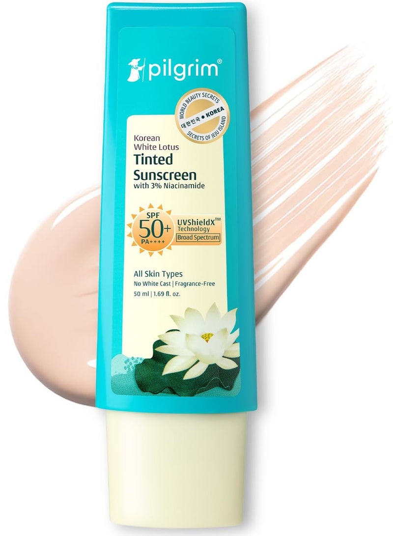 PILGRIM Korean White Lotus Tinted Sunscreen SPF 50+ PA++++ with 3% Niacinamide | No White Cast |Prevents Tanning | Lightweight | For All Skin Types | For Women and Men | 50ml  - Image 1