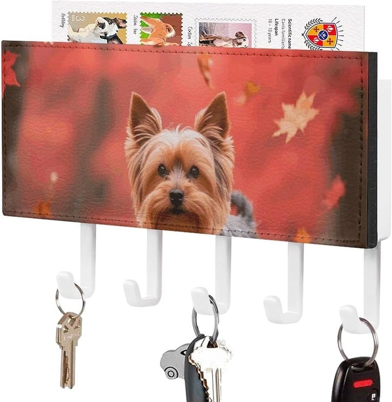 حامل مفاتيح جدار يوركشاير تيرير في غابة القيقب مع 5 خطافات منظم مفاتيح من جلد البولي يوريثان - Image 2