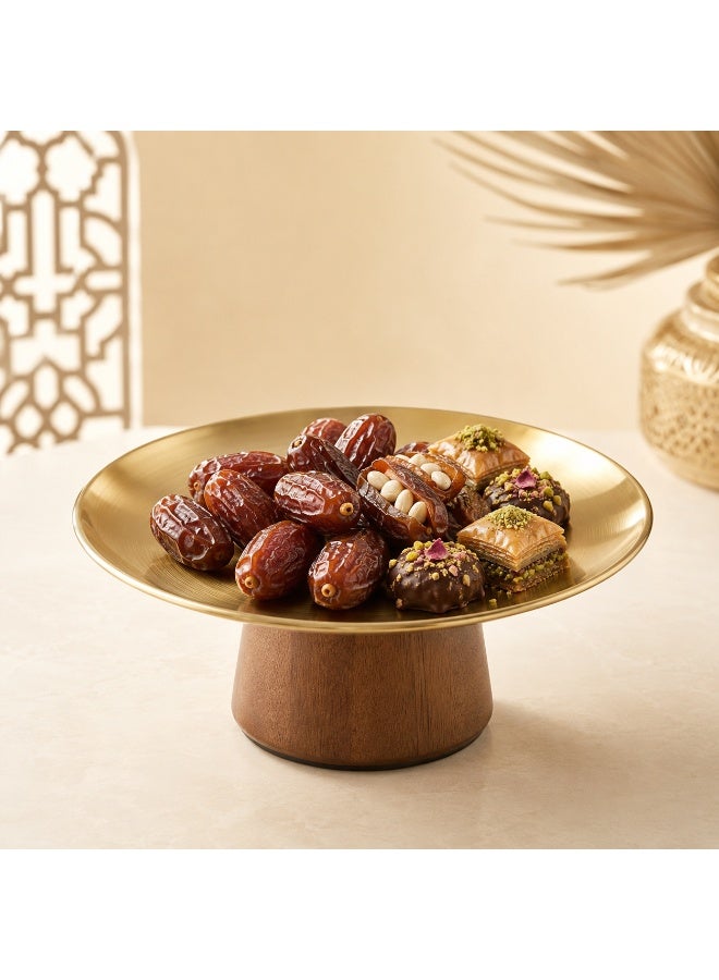 علبة حزب الفولاذ المقاوم للصدأ من الذهب مع قاعدة الخشب الصلب - طبق رمضان / الزفاف للفواكه / الكعك / التمر ، مركزية الديكور - Image 1