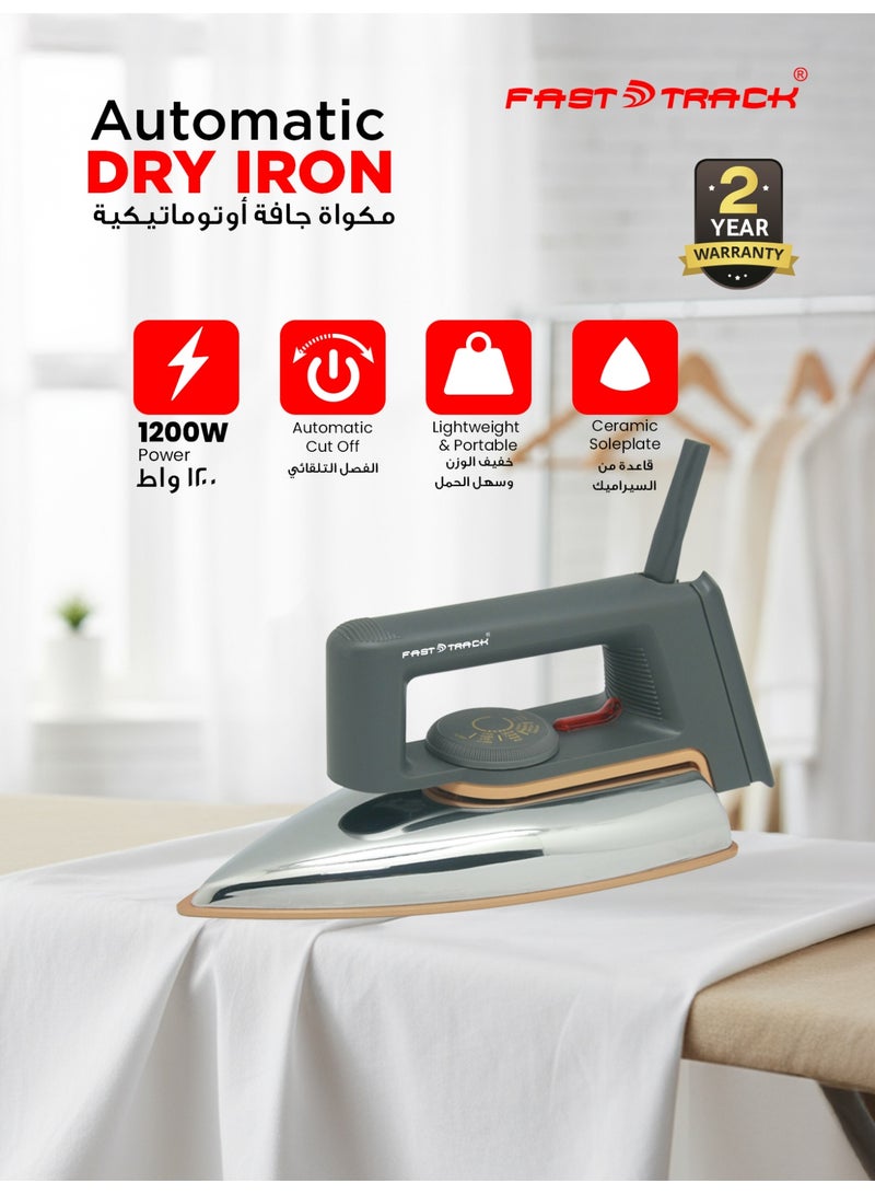 Fast Track Automatic Dry Iron, 1200W, Golden Ceramic Soleplate, Auto Cut-Off, Adjustable Temperature, 2-Year Warranty - Image 1