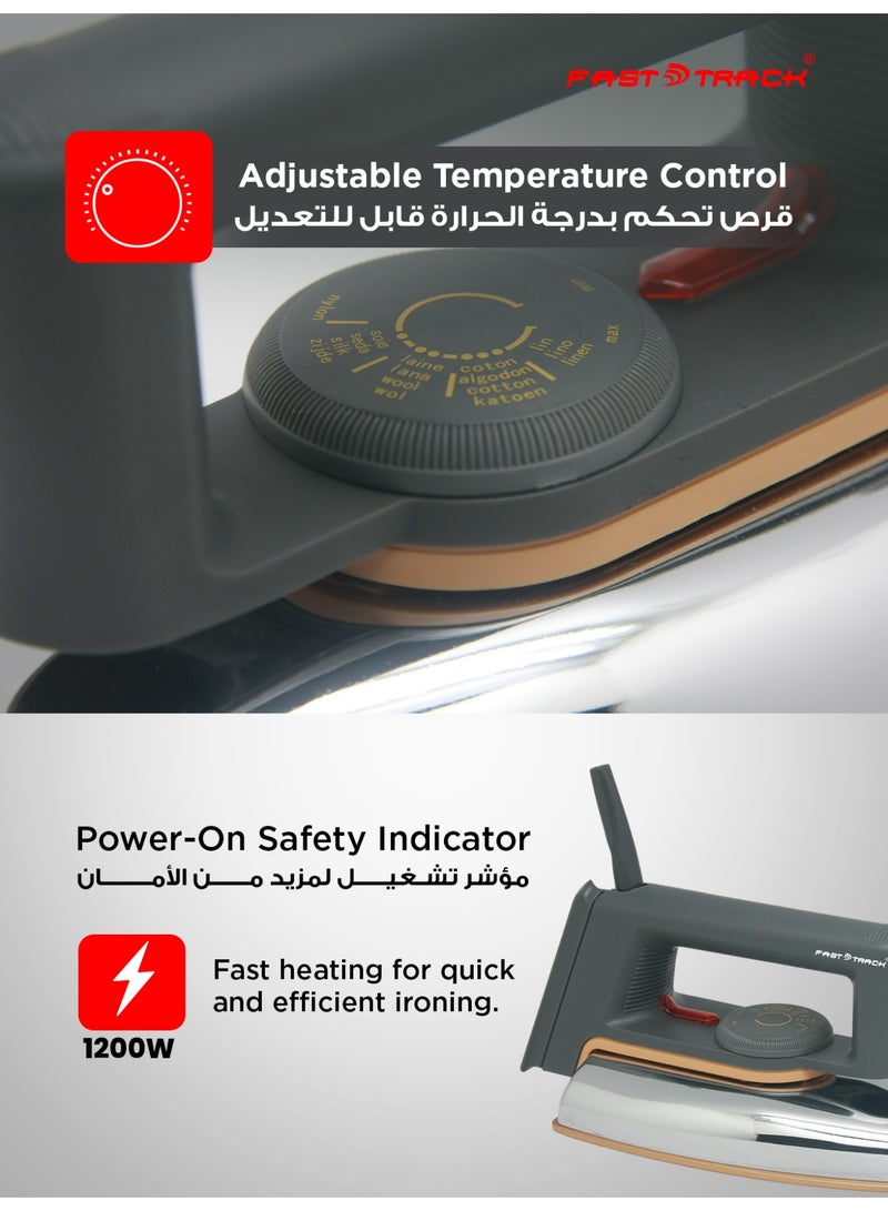 Fast Track Automatic Dry Iron, 1200W, Golden Ceramic Soleplate, Auto Cut-Off, Adjustable Temperature, 2-Year Warranty - Image 3