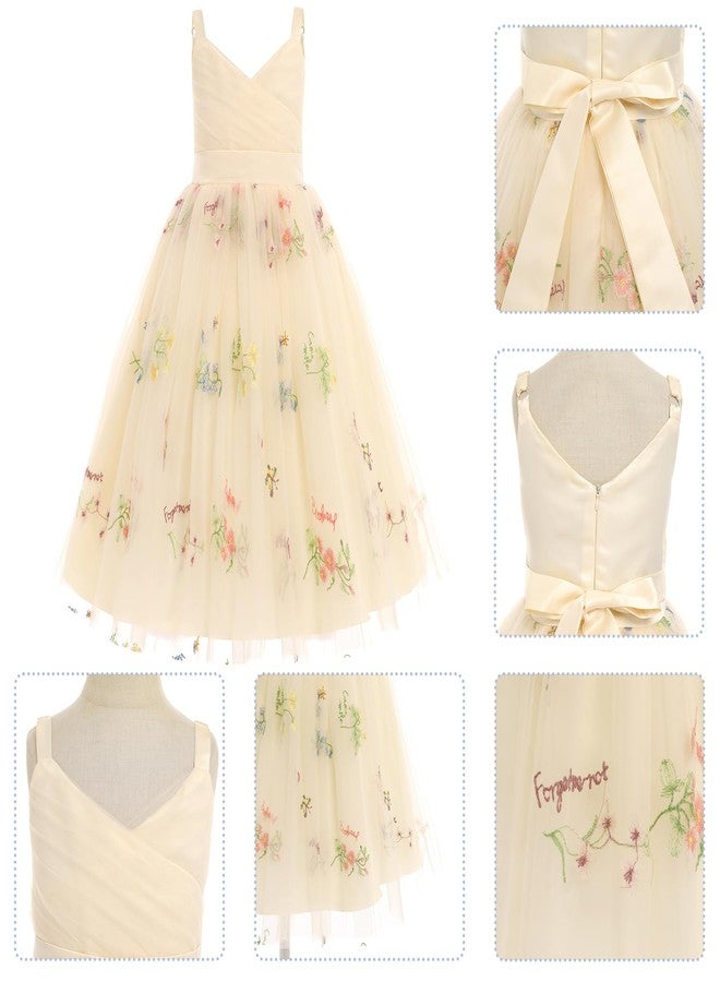 OBEEII Flower Girl Dress for Wedding Pleated V Neck Satin Tulle Princess Dress Junior Bridesmaids Pageant Formal Ball Gown, Apricot-floral, 6 Years - Image 4