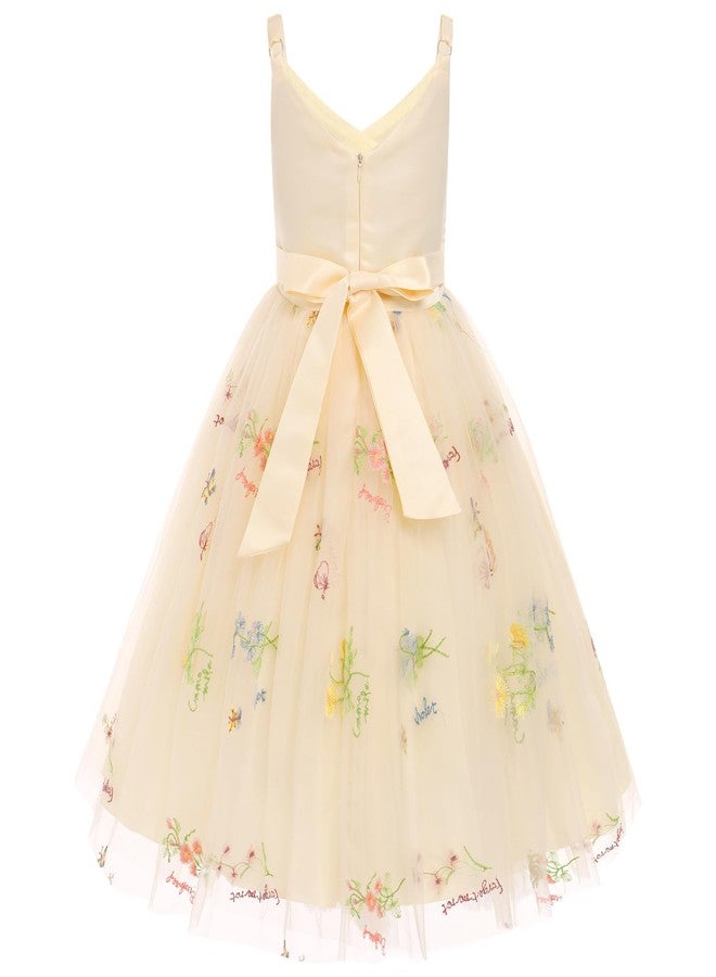 OBEEII Flower Girl Dress for Wedding Pleated V Neck Satin Tulle Princess Dress Junior Bridesmaids Pageant Formal Ball Gown, Apricot-floral, 6 Years - Image 2