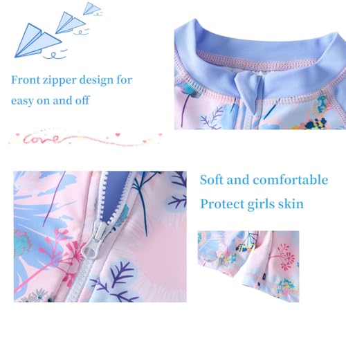 UMELOK Girls Rash Guard Swimsuits Long Sleeve One Piece Swimwear with UPF 50+ Sun Protection Zipper Bathing Suits Blue Pink Flower,8Y - Image 4